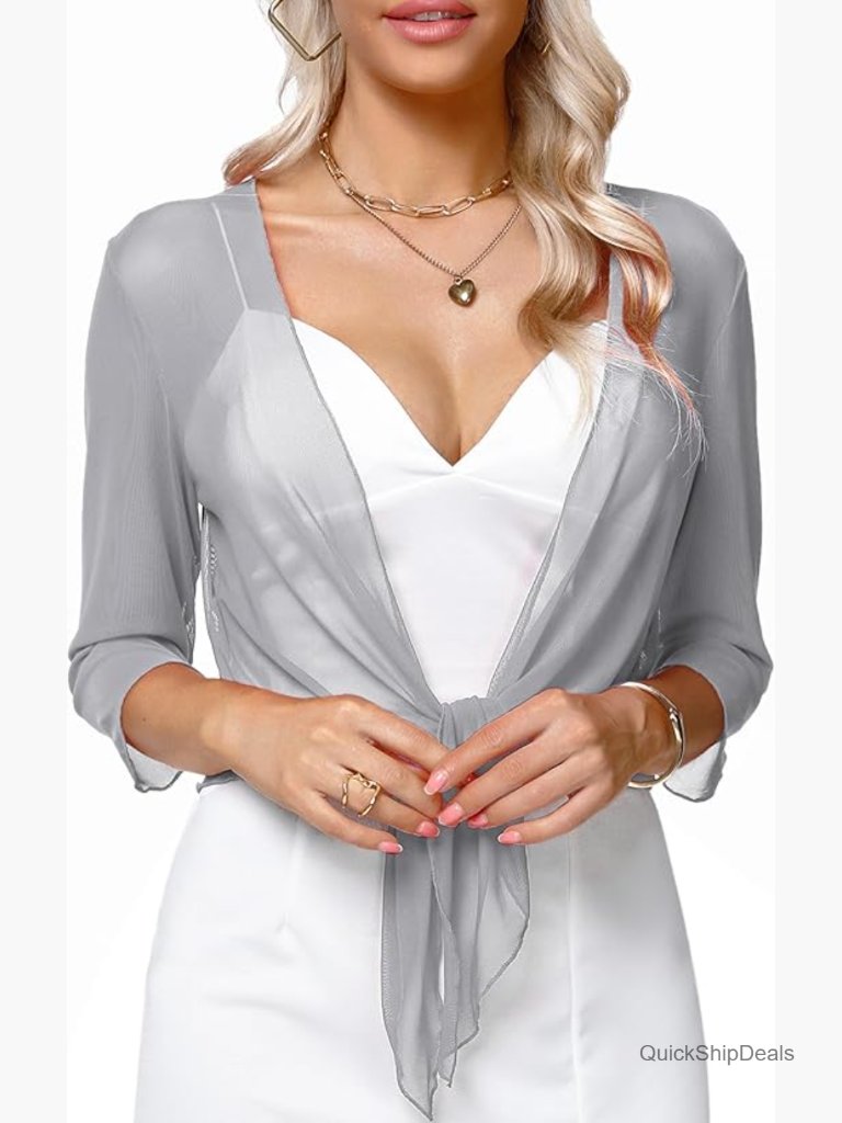Sheer Mesh Shrug Bolero Cardigan With Tie Front And 3/4 Sleeves